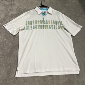 Straight Down Polo Shirt Mens Large White Blue Tiki Totem Golf Performance Logo